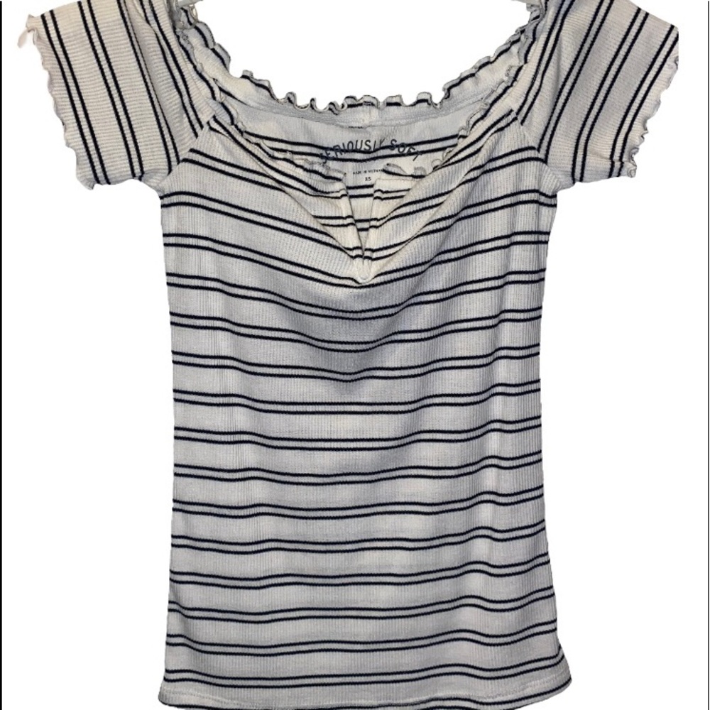 Off the shoulder striped top with v in the middle.